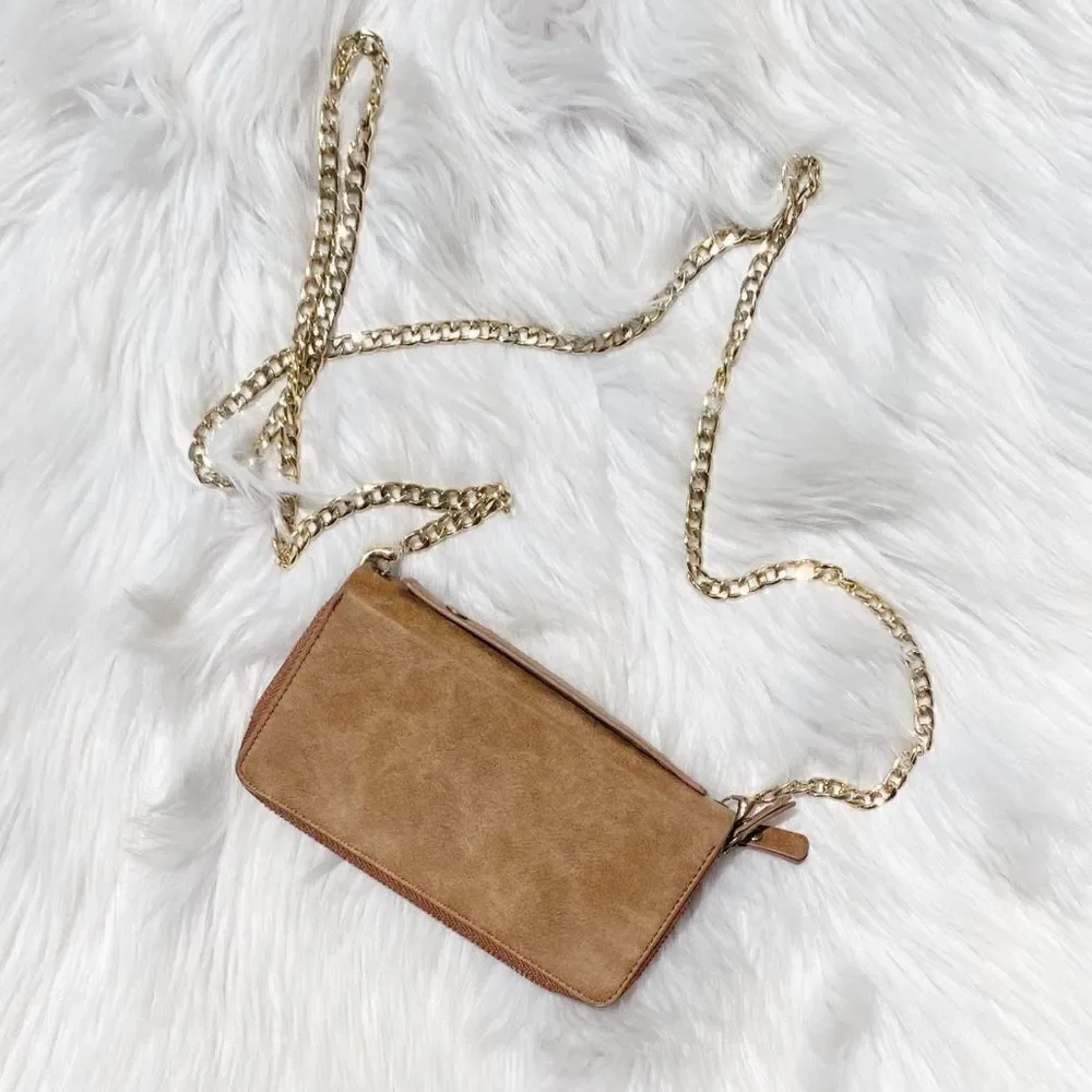 Mini Crossbody Zip Up Crossbody Wallet Tan and Gold Small